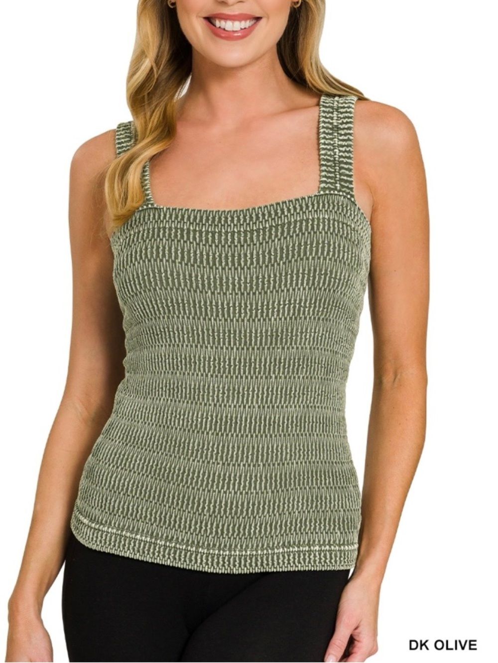 Zenana Winklestone Smocked Textured Tank Top in Dark Olive Women Large/XL